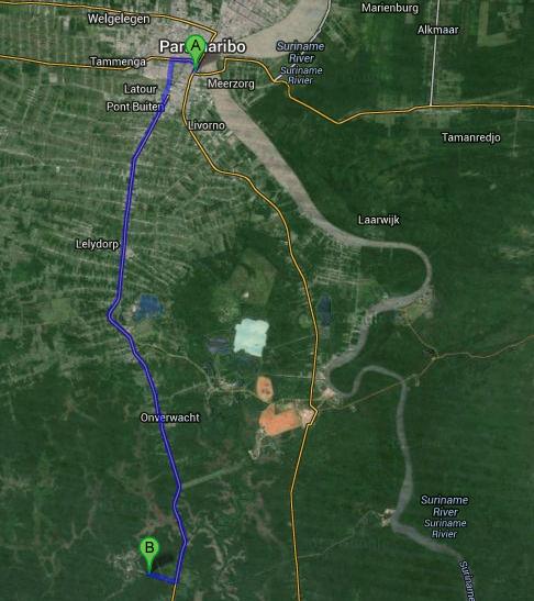 Wegwijzer vanuit punt A = Paramaribo, richting Weg naar Zanderij, dan afslaan naar Punt B = Plantage Republiek